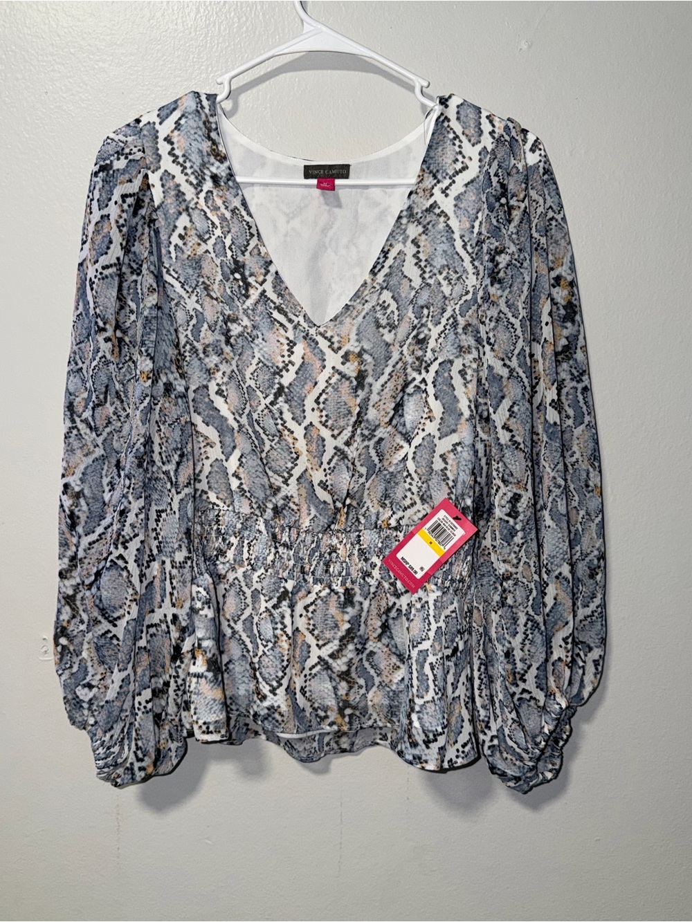 Nine West Snake-Print V-Neck Blouse in Gray and Beige